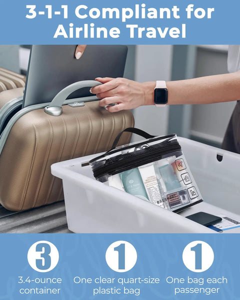 Clear TSA Approved Toiletry Bag Set Two Pack With 180 Degree Opening Quart Size Cosmetic Organizer shown in airport security bin