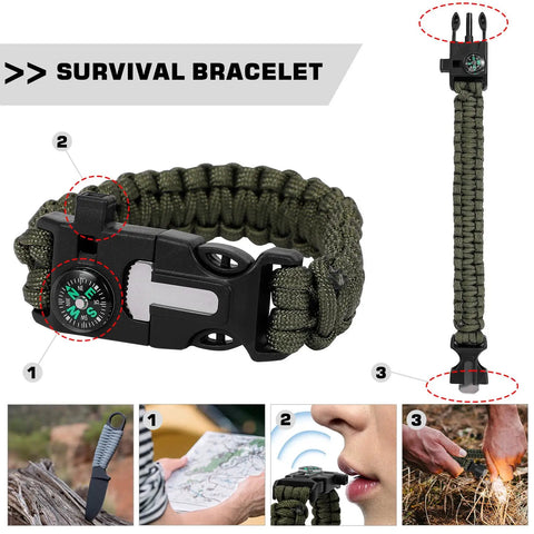 Heavy Duty 26oz Rockhounding Kit With 12-Inch Folding Multitool Shovel Survival Bracelet featuring compass and whistle.