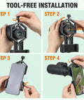 Steps for using Smartphone Telescope Adapter with Quick Lock Mount for Binoculars Monocular Microscope and Spotting Scope 8-Shape Caliper.