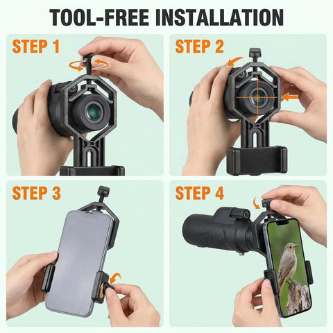 Steps for using Smartphone Telescope Adapter with Quick Lock Mount for Binoculars Monocular Microscope and Spotting Scope 8-Shape Caliper.