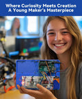 Smiling girl holding an Inventor Lab Starter Kit With Arduino Uno R3 Multimeter 34 Projects 40 Plus Video Courses, showing hands-on learning project.