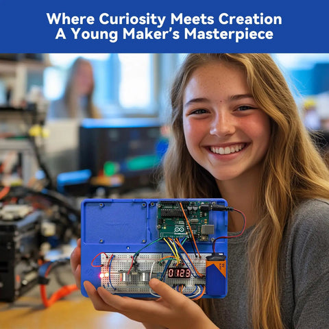 Smiling girl holding an Inventor Lab Starter Kit With Arduino Uno R3 Multimeter 34 Projects 40 Plus Video Courses, showing hands-on learning project.