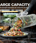Two Piece Rolling Grill Basket With Removable Wood Handles, 304 Stainless Steel Mesh, pouring grilled vegetables and meat