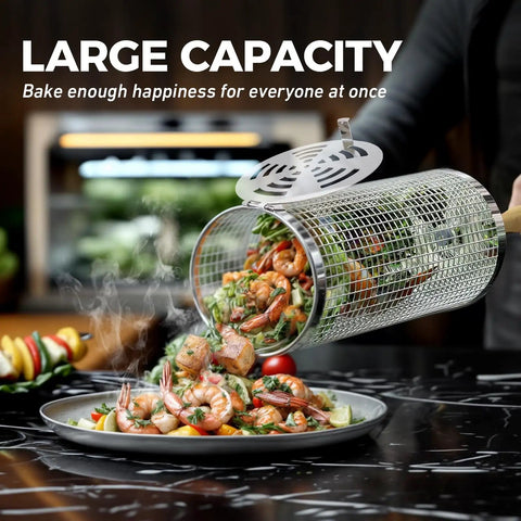 Two Piece Rolling Grill Basket With Removable Wood Handles, 304 Stainless Steel Mesh, pouring grilled vegetables and meat