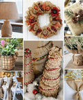 Collage of DIY crafts made from 40 Inch Wide Burlap Fabric Roll By The Yard Natural Jute Garden Material For DIY Crafts And Outdoor Projects A Workhorse For Tree Wrap Outdoor Plant Cover Weed Barrier Landscaping Rustic Party Decor Thick Durable Breathable 100 Percent Natural Jute, including wreath, chair decorations, and holiday wraps.