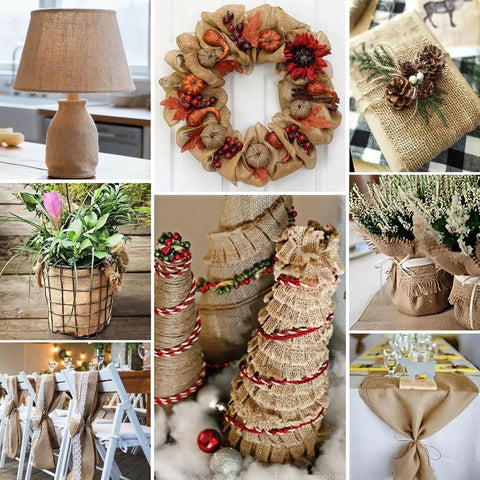 Collage of DIY crafts made from 40 Inch Wide Burlap Fabric Roll By The Yard Natural Jute Garden Material For DIY Crafts And Outdoor Projects A Workhorse For Tree Wrap Outdoor Plant Cover Weed Barrier Landscaping Rustic Party Decor Thick Durable Breathable 100 Percent Natural Jute, including wreath, chair decorations, and holiday wraps.
