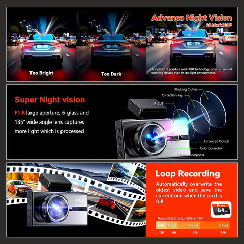 Super night vision and loop recording features of 4K and 1080P Dual Dash Cam with 3.6 Inch IPS Touch Screen, front and rear view