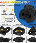 Large Rock Climbing Holds 20 Pack With Easy Mounting Hardware Three Shapes For Indoor Outdoor Climbing Walls Frames Tree Houses Playrooms And Adult Obstacle Courses Black Finish, display of black climbing holds in three shapes with hardware and dimensions