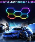 Lit RGB Hexagon Garage Light Kit With 5 Panels, 25 Pack Color Changing LED Lights installed above garage setup