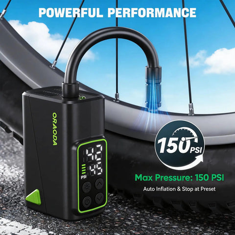 Cordless Rechargeable Air Pump With Gauge And Brushless Motor, 150 PSI Fast Inflation, Your Go-To Portable Mini Tire Inflator For Presta And Schrader Valves, Works With Road And Mountain Bikes, Motorcycles And Balls