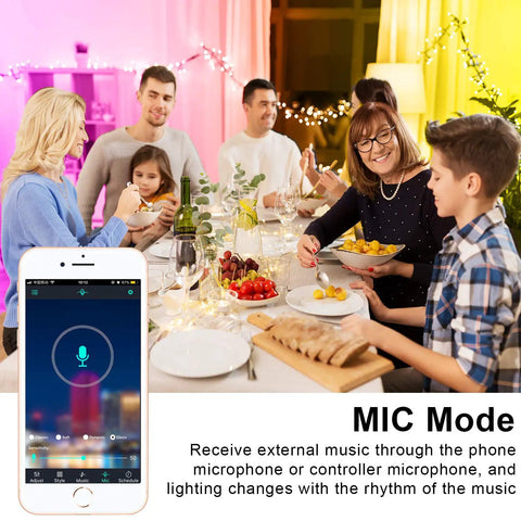Family dinner with Color Changing LED Strip Lights 100 Feet Bluetooth Remote Music Sync for decor, with mobile app on phone.