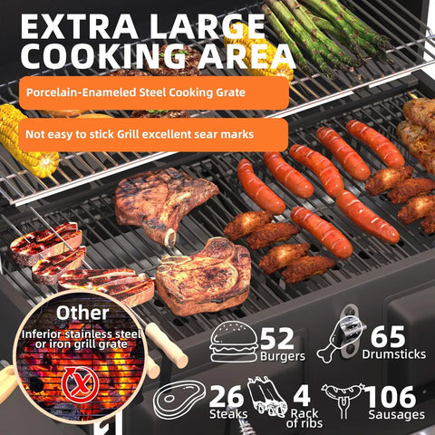 Two Independent Charcoal Grillin Zones With An Oversized 620 Square Inch Cooking Area Storage Cabinet Individual Lifting Charcoal Trays Foldable Side Tables And Built In Thermometer For Outdoor Patio Balcony showing multiple meats grilling