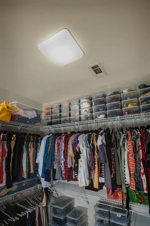 20 Inch Square Flush Mount LED Ceiling Light Dimmable, 120 Volt, 44 Watt, in walk-in closet setup