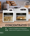 Two bottles of Oil Wood Floor Cleaner And Rejuvenator for oiled finishes, sizes 1L and 2.5L, on a wood floor near a sofa.