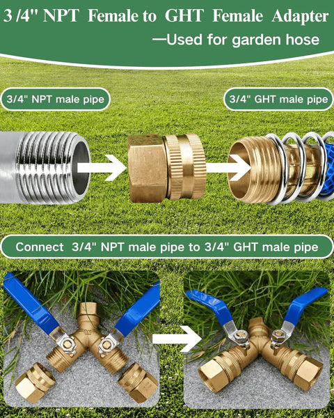 3/4 NPT To Garden Hose Adapter Swivel Connector Brass 3/4 GHT Female To 3/4 NPT Female With Washer No-Fuss Leak-Free Water Hose Fittings For Irrigation And Outdoor Faucets 2 Pack brass adapter connected to 3/4 NPT and GHT pipes