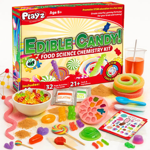 Hands On Edible Candy Making Science Kit For Kids Ages 8 To 12 With 40 Fun Experiments box with candies and tools displayed.