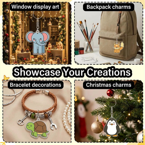 161 Piece Shrink Plastic Keychain Making Kit with 30 Sheets, elephant, fox, turtle charms on backpack and decorations