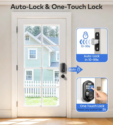 Keyless Entry Door Lock With Handle And Electronic Keypad Deadbolt, 3 Unlock Options, Auto Lock, Matte Black on glass door.