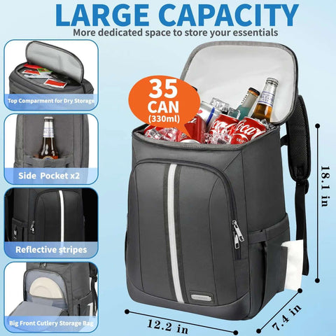 Insulated Cooler Backpack With Leakproof Double Deck Design For Work Lunches Keeps Your Grub Hot Or Cold For Up To 20 Hours Reflective Stripes Grey Great For On The Go Meals And Cold Packs shown open with cans inside