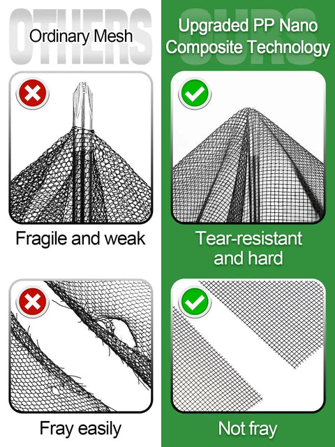 Comparison of ordinary mesh with upgraded 10X20Ft PP nanocomposite garden netting, showing durability and tear resistance features.