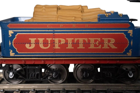 Side view of HO Scale 4-4-0 American Steam Locomotive DCC Ready Central Pacific Number 60 Jupiter with wood load on tracks.
