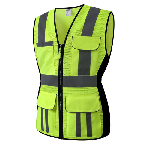 Go-To High Visibility Women Safety Vest With Multi-Pocket Design, Breathable Mesh Work Vest For Ladies, Reflective Strips, Yellow