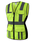 Built Different Women High Visibility Safety Vest With Extra Pockets Reflective Breathable Mesh Work Gear durable front zipper in bright yellow.