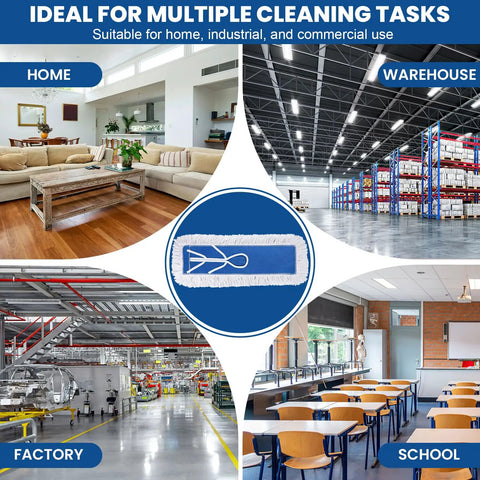 Heavy Duty Cotton Dust Mop Heads 2 Pack 24 Inch Lint Free Loop End Machine Washable Floor Cleaners displayed in home, warehouse, factory, and school.
