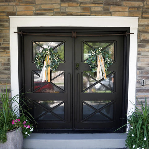 Heavy Duty Adjustable Front Door Garland Hanger With Padded Ends Providing Rock Solid Grip On Jambs From 51 To 81 Inches Holding 20 Lbs Of Decor For Zero Stress Holiday Setup with wreaths on double doors.