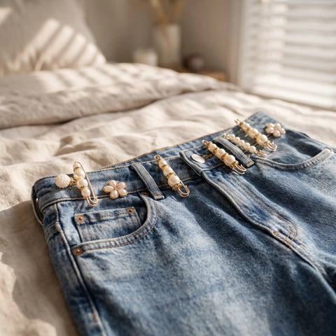 8Pcs Pearl Waist Tightener Pins For Jeans And Skirts Skip The Belt Instant Cinch Clips With Durable Alloy Frame decorative clips on blue denim jeans.