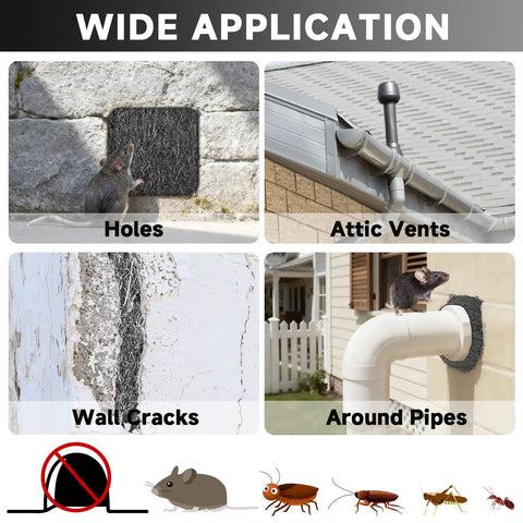 Extra Fine Steel Wool Mice Control 65Ft 0000 Barrier in use around holes, attic vents, wall cracks, and pipes with pest prevention.