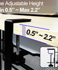 Under Desk Cable Management Tray With Clamp For Quick No Drill Setup showing adjustable clamp height from 0.5 to 2.2 inches