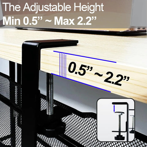 Under Desk Cable Management Tray With Clamp For Quick No Drill Setup showing adjustable clamp height from 0.5 to 2.2 inches