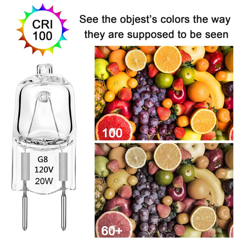 G8 Halogen Bulbs 20W Dimmable 120V G8 Base 2Pin Xenon Bulbs 12 Pack for accurate color display in kitchens and displays