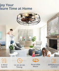 Living room with Enclosed 20 Inch Bladeless Ceiling Fan With Light And Remote, Flush Mount Low Profile Industrial Farmhouse Style