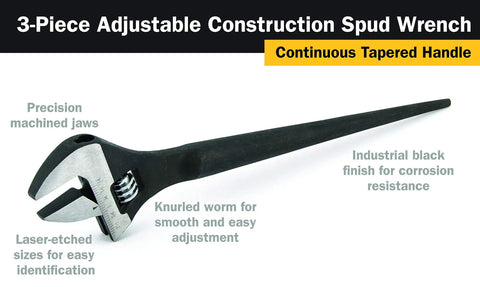 Adjustable Construction Spud Wrench Set with 10 Inch Handle, chrome vanadium steel, precision jaws, black finish for corrosion resistance