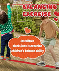 Two kids using a 60ft Slackline Obstacle Course For Kids With 8 Accessories, Tree Protector And Carry Bag, Outdoor Backyard Zip Line Adventure for balance exercise.