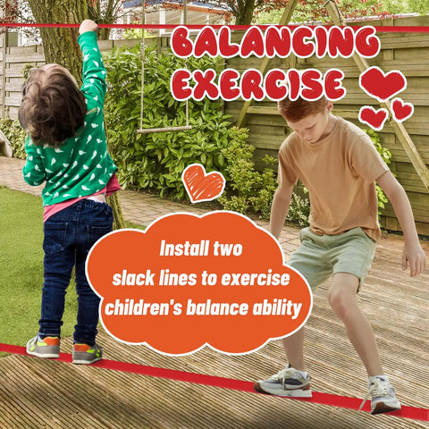 Two kids using a 60ft Slackline Obstacle Course For Kids With 8 Accessories, Tree Protector And Carry Bag, Outdoor Backyard Zip Line Adventure for balance exercise.