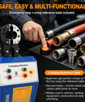 Top Tier 220V Electric Hydraulic Hose Crimper For Auto And Shop Use Covers 1/5 To 4 Inch Tubes Includes 14 Interchangeable Dies For Professional Pipe Construction Heavy Equipment Repair And Dual Mode Hydraulic Tube Work Effortless Performance with emergency stop button and crimping reference table.