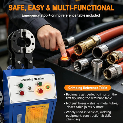 Top Tier 220V Electric Hydraulic Hose Crimper For Auto And Shop Use Covers 1/5 To 4 Inch Tubes Includes 14 Interchangeable Dies For Professional Pipe Construction Heavy Equipment Repair And Dual Mode Hydraulic Tube Work Effortless Performance with emergency stop button and crimping reference table.