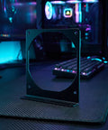 Two Pack Metal Computer Fan Mount Bracket For 12cm PC Fans Sturdy Iron Construction Replacement Chassis Bracket To Boost Airflow And Keep Your Rig Cool And Clean And Easy To Install. Black metal 12cm PC fan mount bracket for chassis, angled side view