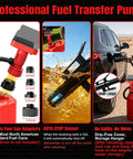 Cordless Fuel Transfer Pump With Auto Stop Portable Spill Free Quick Fill For Fuel Transfer Works With DeWalt 20V And Milwaukee M18 Batteries Great For Lifting Drums And On The Go. Fuel pump with 4 adapters, auto-stop nozzle, and drip-free fuel can fill.