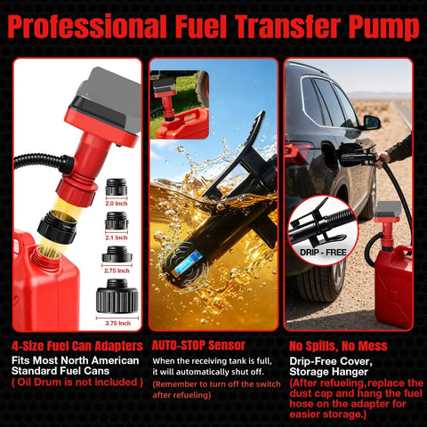 Cordless Fuel Transfer Pump With Auto Stop Portable Spill Free Quick Fill For Fuel Transfer Works With DeWalt 20V And Milwaukee M18 Batteries Great For Lifting Drums And On The Go. Fuel pump with 4 adapters, auto-stop nozzle, and drip-free fuel can fill.