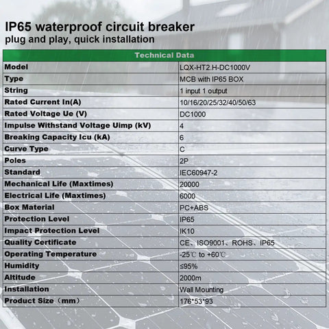 Solar Disconnect Switch 20A 1000V DC 2P Circuit Breaker Box With PV Connector IP65 Outdoor data sheet with specifications