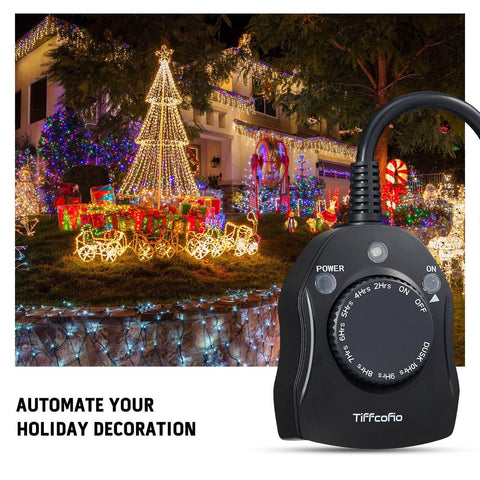 Outdoor Timer Outlet With Dusk To Dawn Sensor, Weatherproof Exterior Power Switch, ideal for holiday lights setup