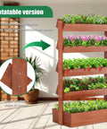 Front view of Five Tier Vertical Wooden Raised Garden Bed Freestanding Planter Box Stand with plants outdoors.