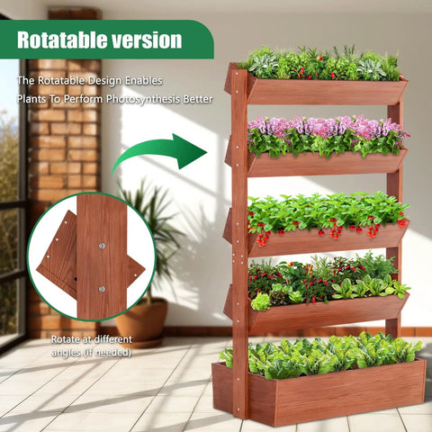 Front view of Five Tier Vertical Wooden Raised Garden Bed Freestanding Planter Box Stand with plants outdoors.