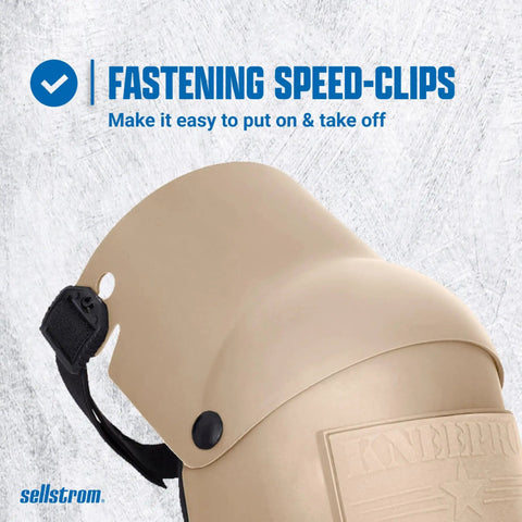 Close-up of Ultra Flex III KneePro Triple Layer Foam Knee Pads with heavy duty shell and speed clips, highlighting fastening system.
