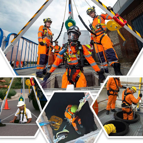 Rugged Pro Grade Confined Space Tripod Kit With 1200Lbs Lifting Hoist Winch in use by rescue team, adjustable legs visible
