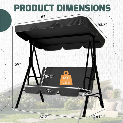 Dimensions of Three Seat Outdoor Porch Swing With Canopy And Cushions For Backyard And Garden Comfort, Weatherproof Steel Frame